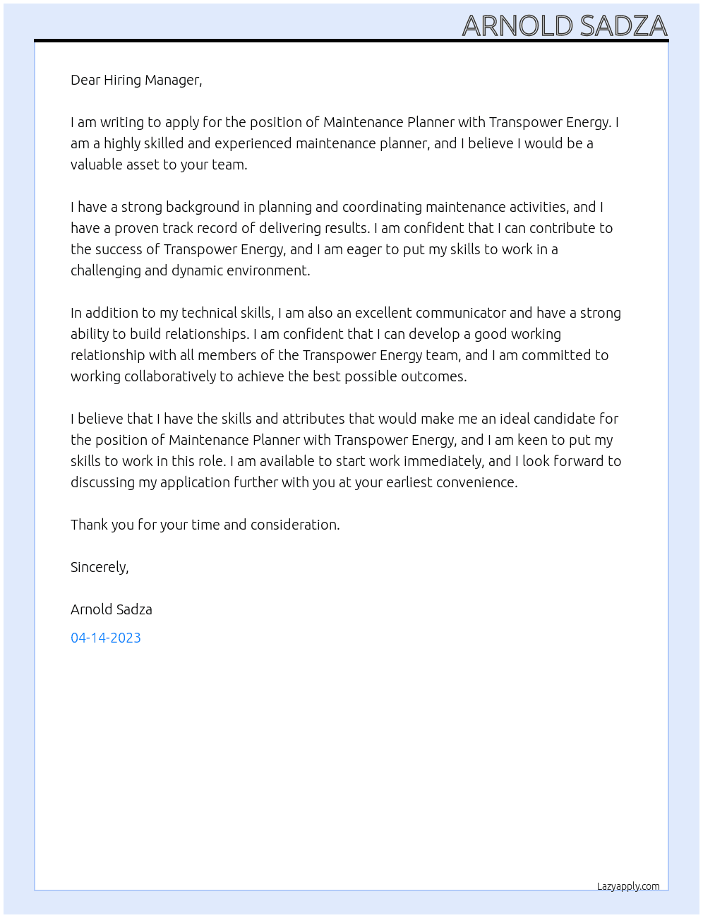 Maintenance Planner At Transpower Energy Cover Letter