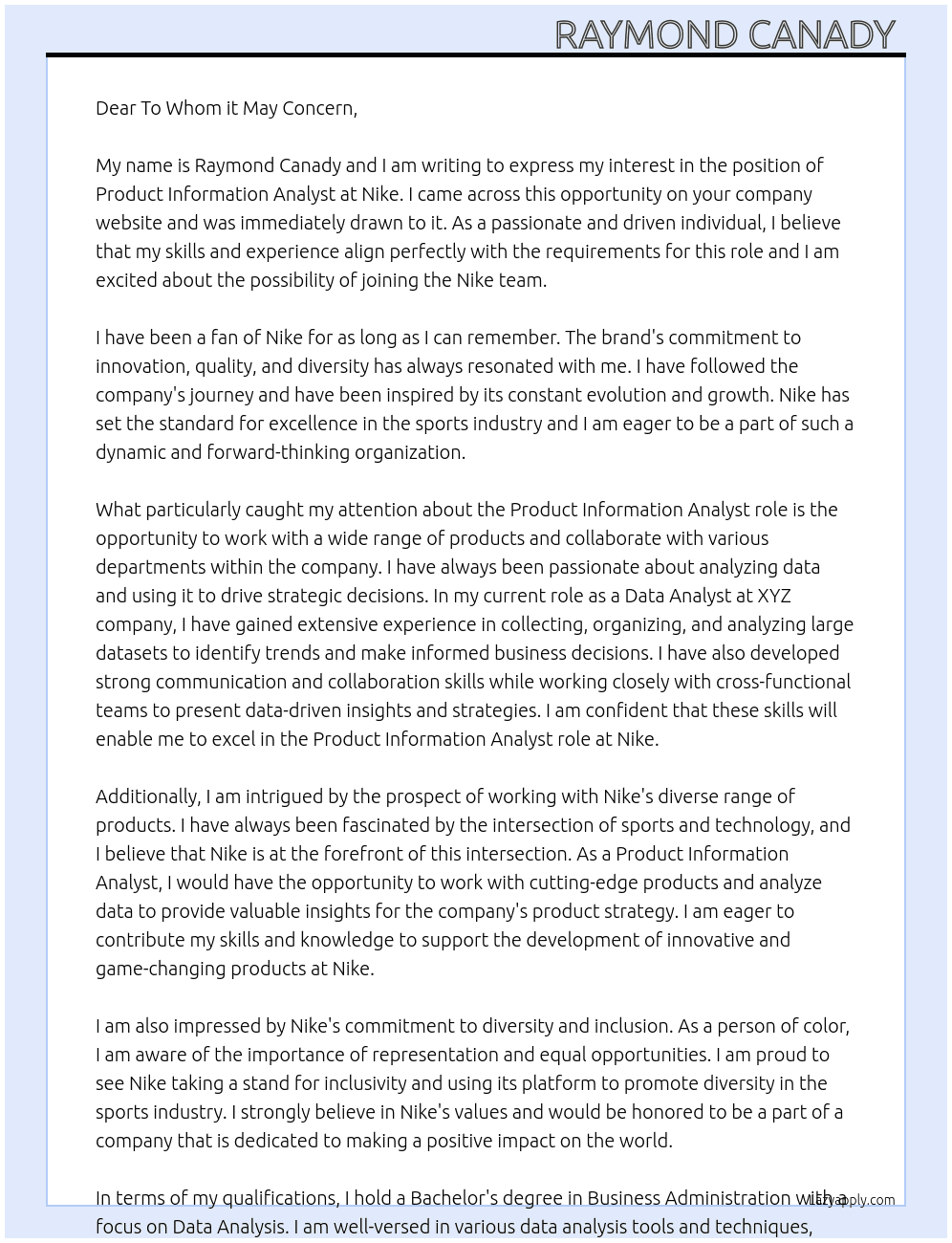Product Information Analyst At Nike Cover Letter
