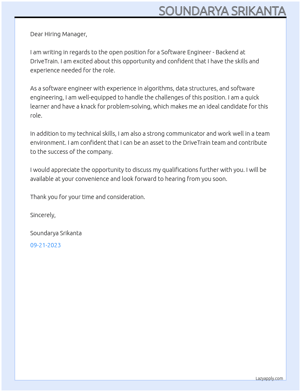 Software Engineer - Backend At DriveTriain Cover Letter