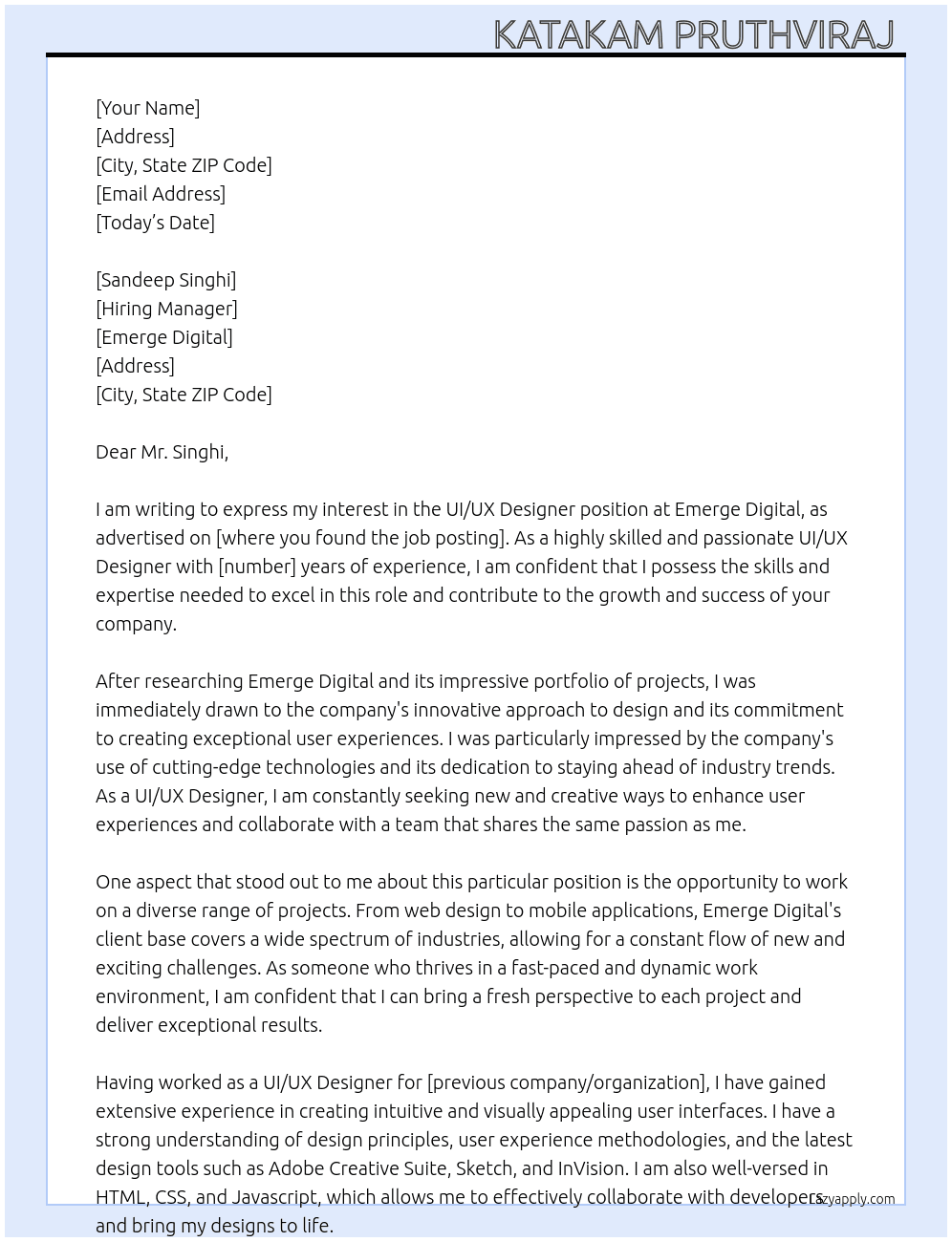 uiux designer At Emerge Digital Cover Letter