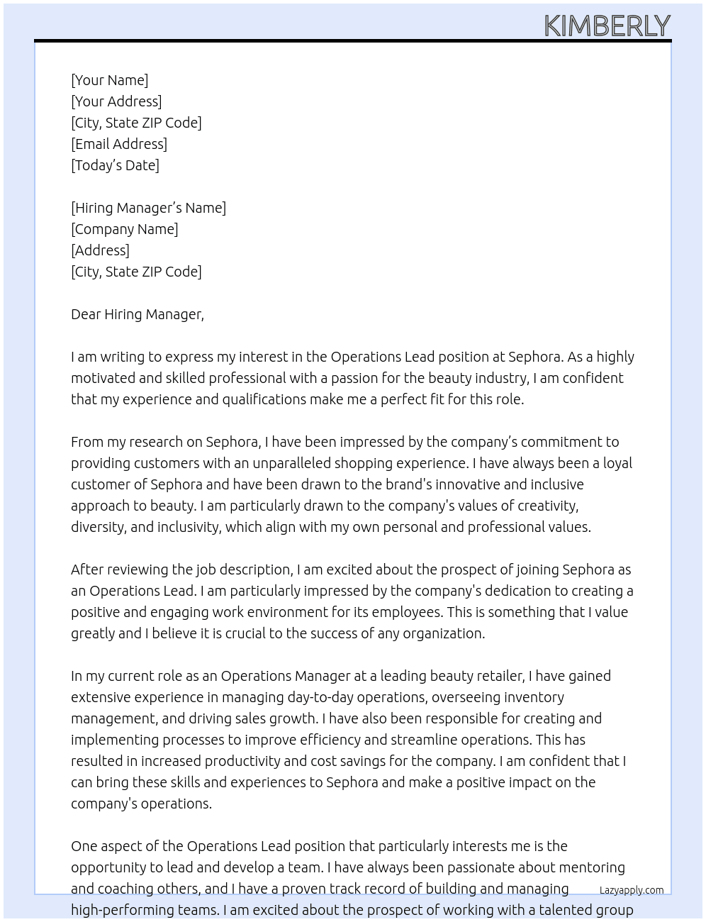 Operations Lead At Sephora Cover Letter