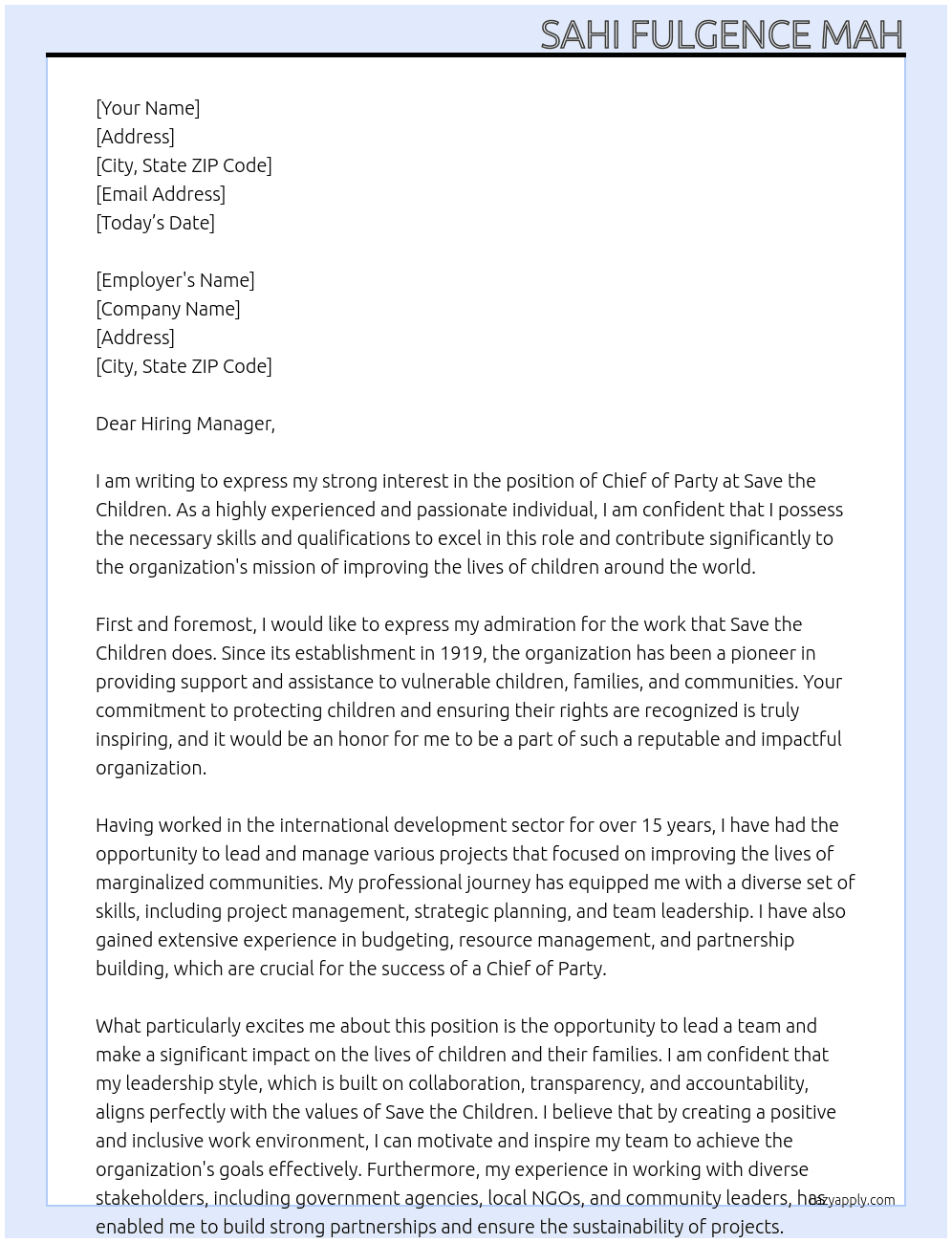 CHIEF OF PARTY At SAVE THE CHILDREN Cover Letter