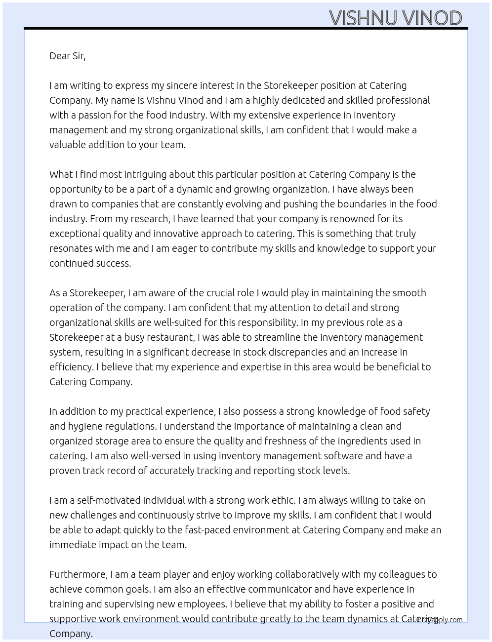 Storekeeper  At Catering company  Cover Letter