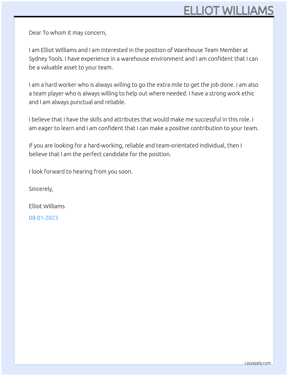Warehouse Team Member At Sydney Tools Cover Letter