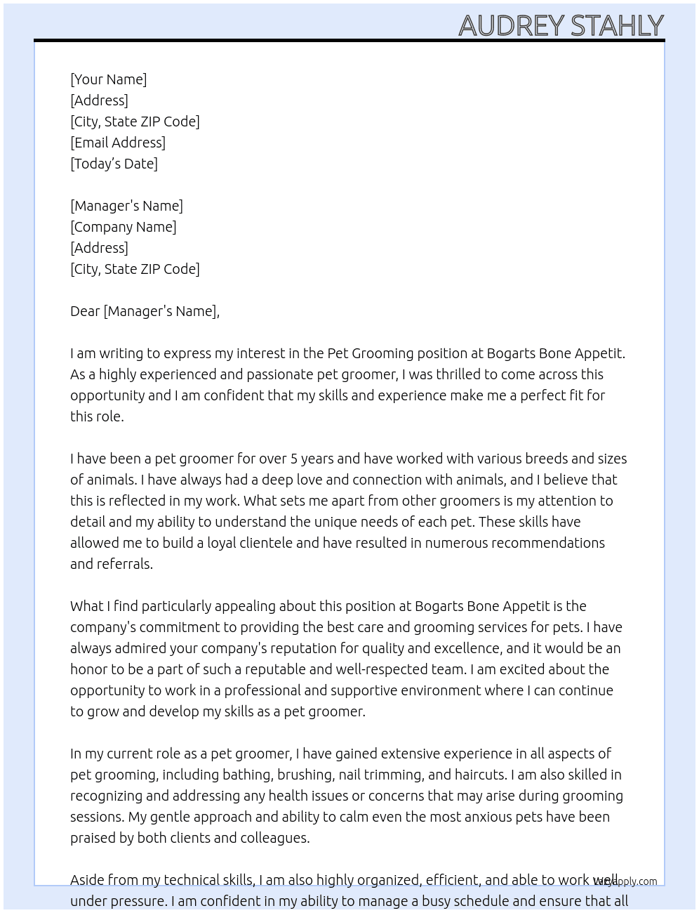 pet grooming At bogarts bone appetit Cover Letter