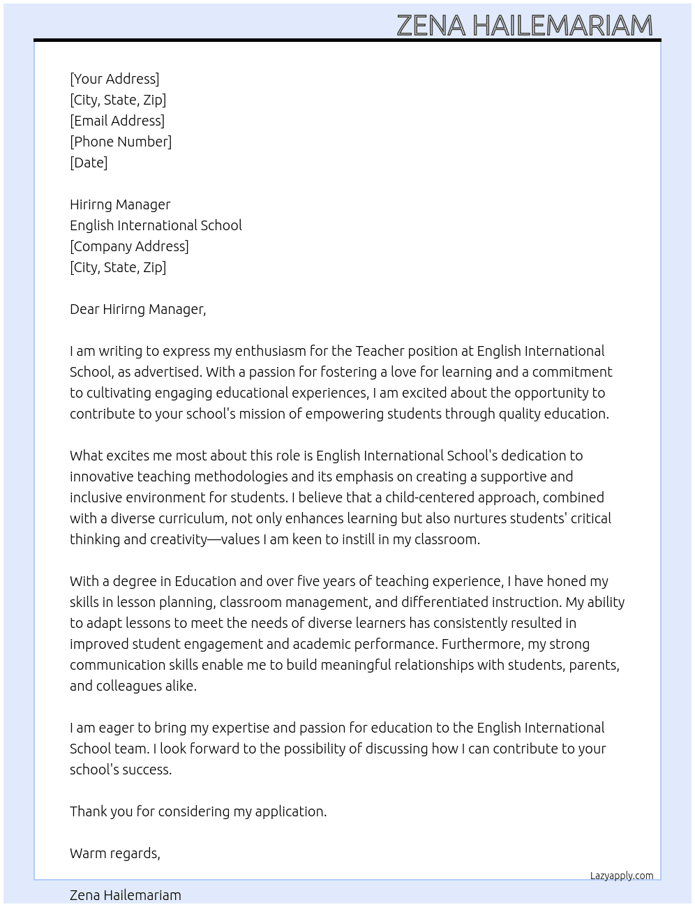 Teacher At English international school Cover Letter