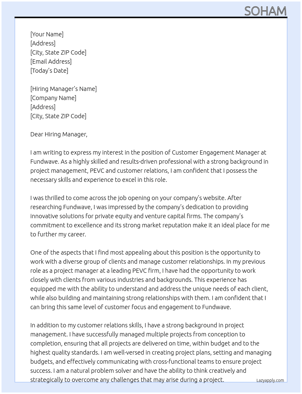 Customer Engagement Manager At Fundwave Cover Letter