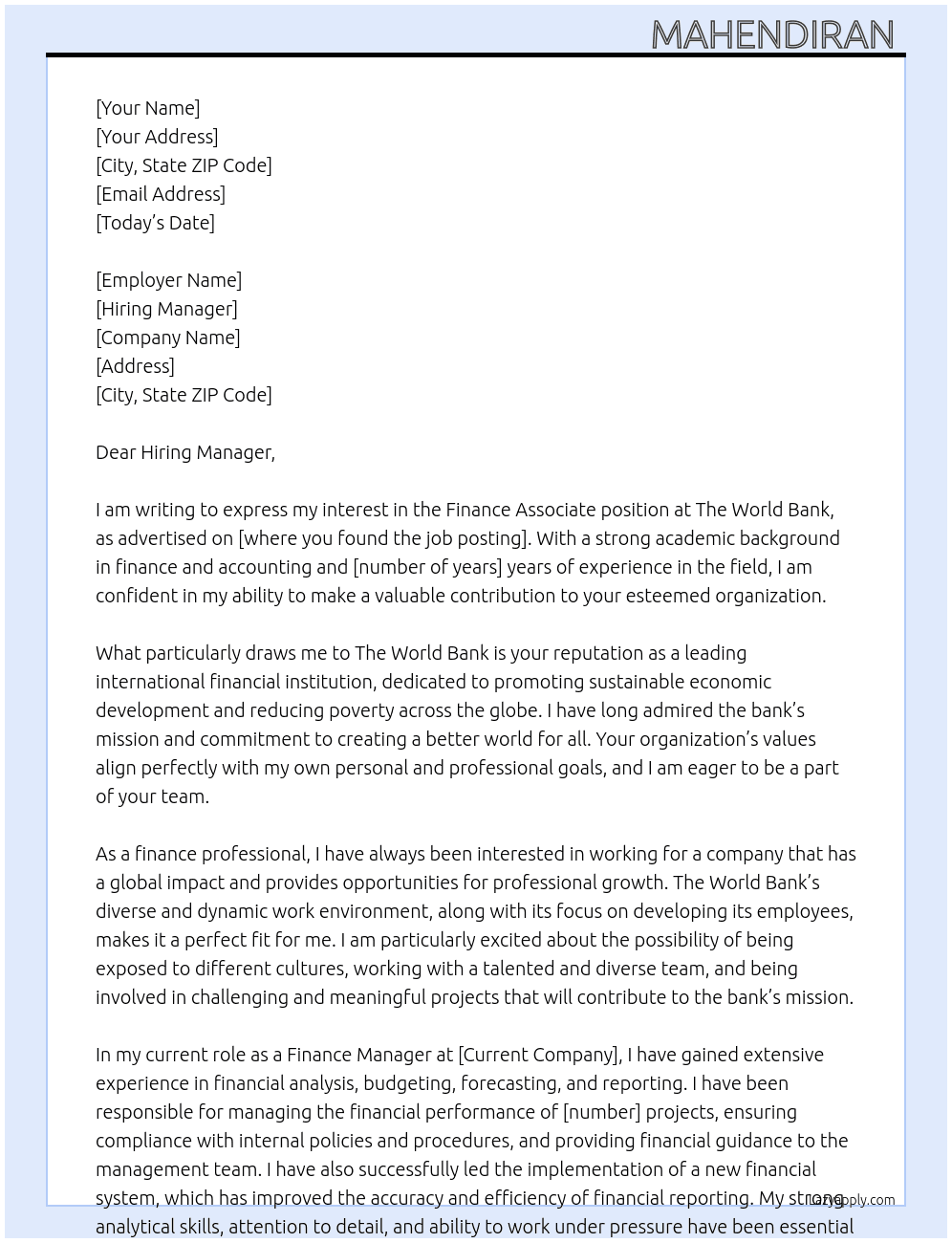 Finance associate  At The world bank Cover Letter