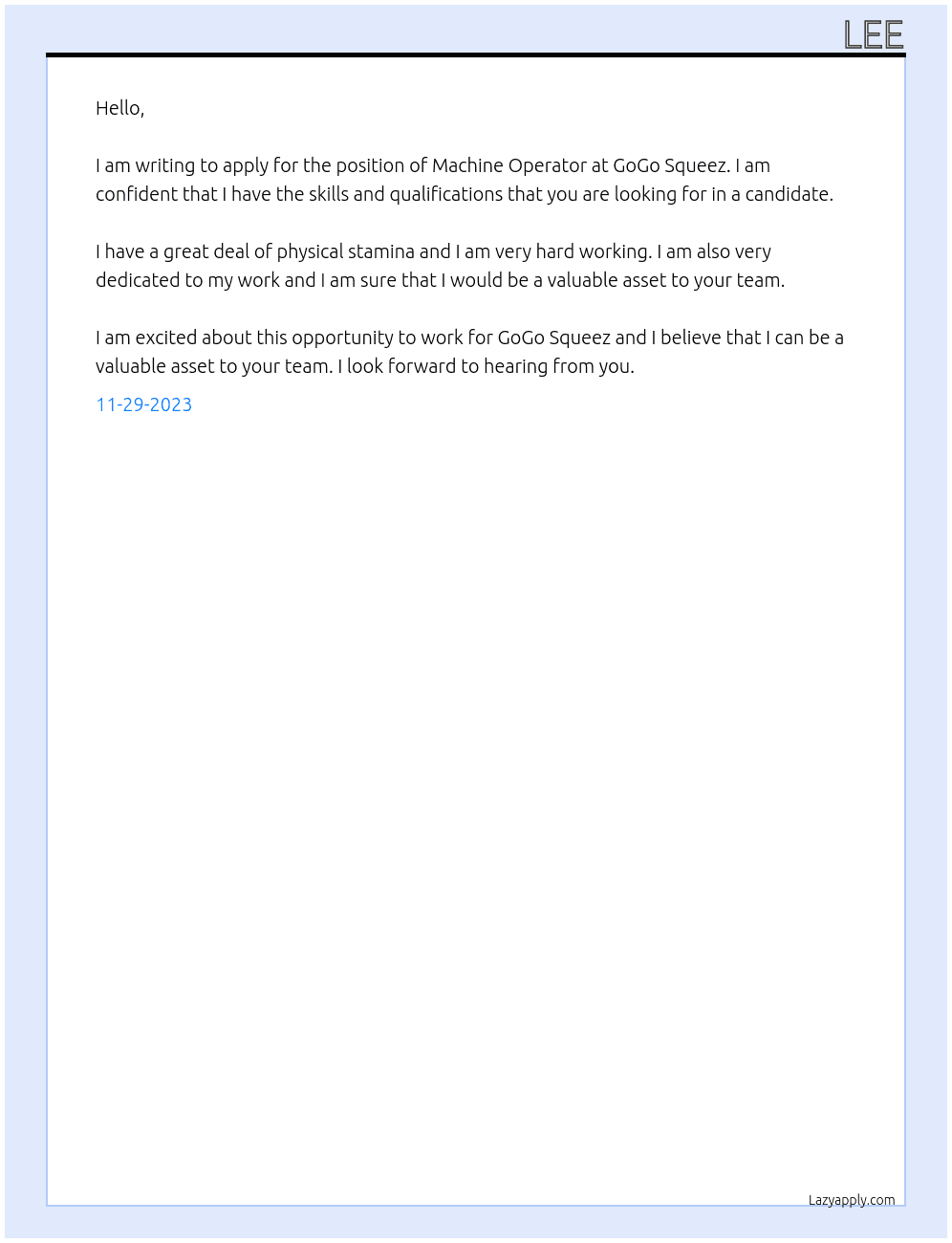 Machine Operater At GoGo Squeez Cover Letter