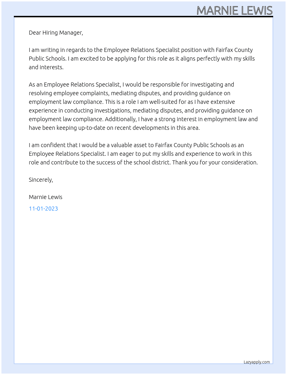 Employee Relations Specialist  At Fairfax County Public Schools Cover Letter