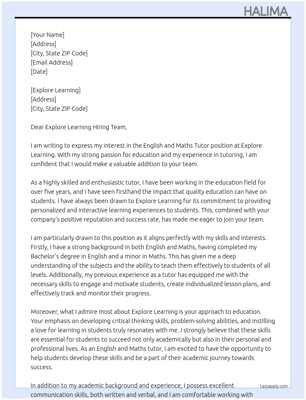 English and maths tutor  At explore learning  Cover Letter