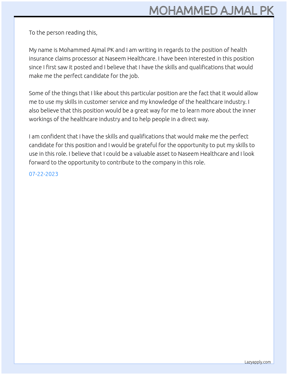 Health Insurance Claims processor At Naseem Healthcare Cover Letter