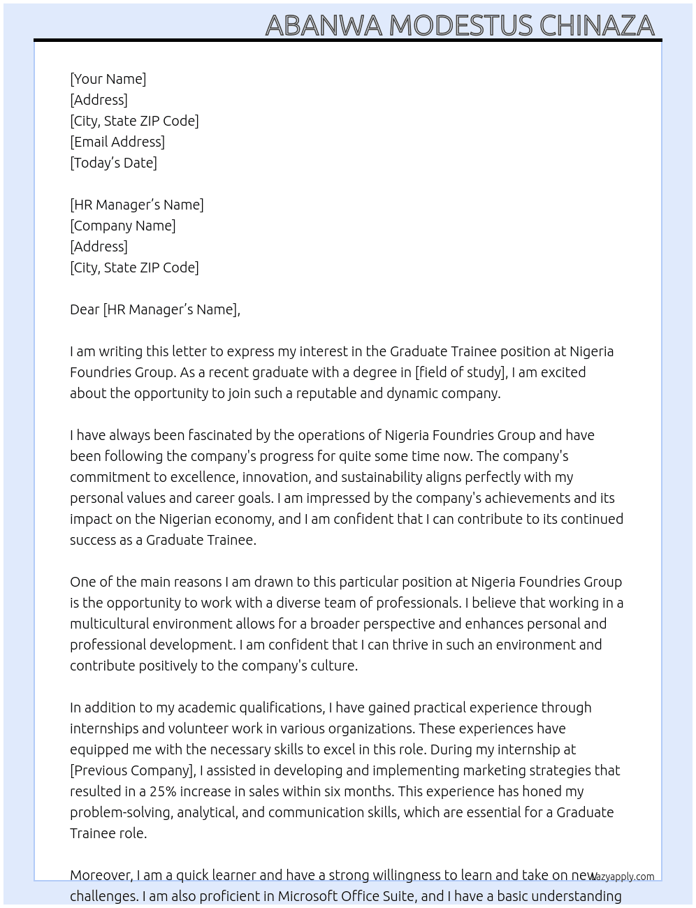 Graduate Trainee At Nigeria Foundries Group Cover Letter