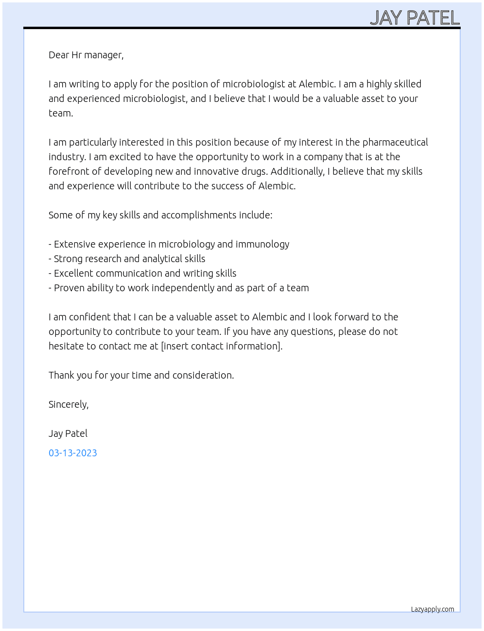 Microbiologist At Alembic Cover Letter