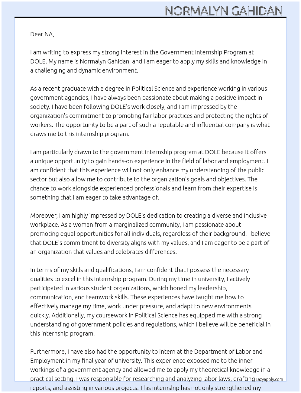 government internship program At dole Cover Letter