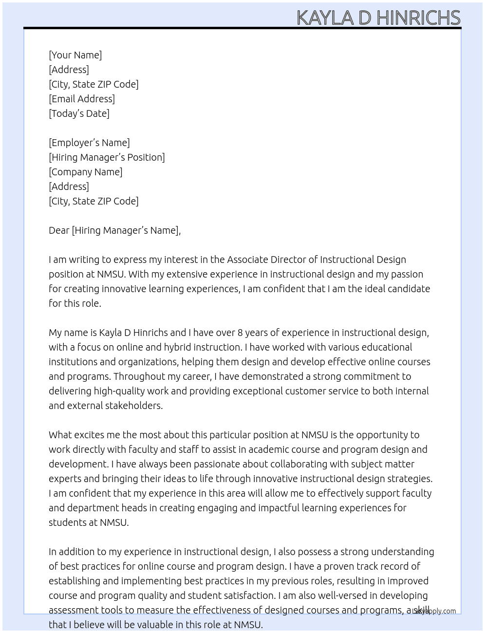 Associate Director of Instructional Design At NMSU Cover Letter