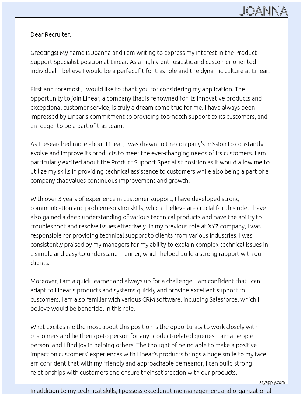 Product Support Specialist At linear Cover Letter
