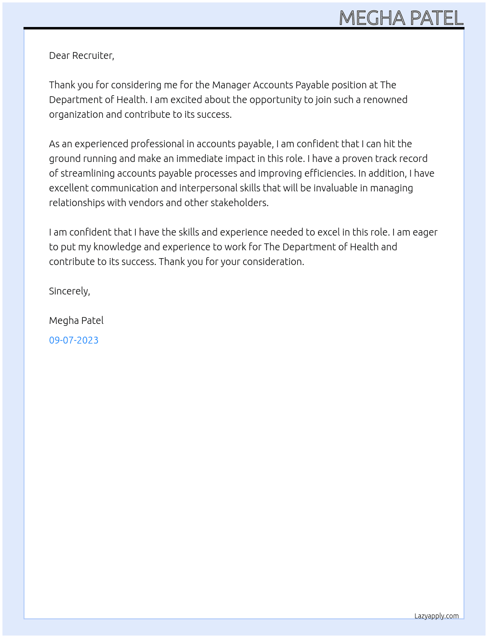 Manager Accounts Payable  At The Department of Health Cover Letter