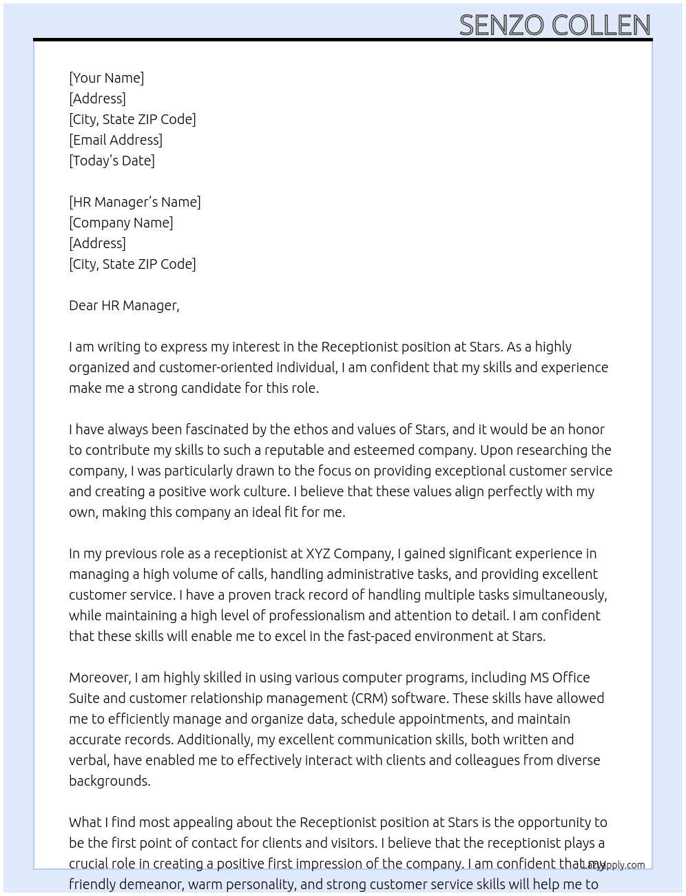 reception At stars Cover Letter