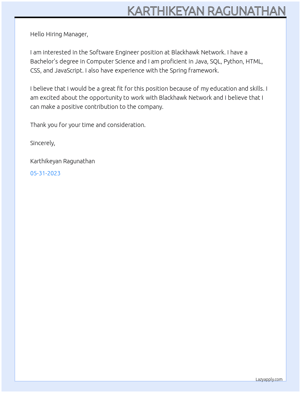 Software Engineer  At Blackhawk network  Cover Letter