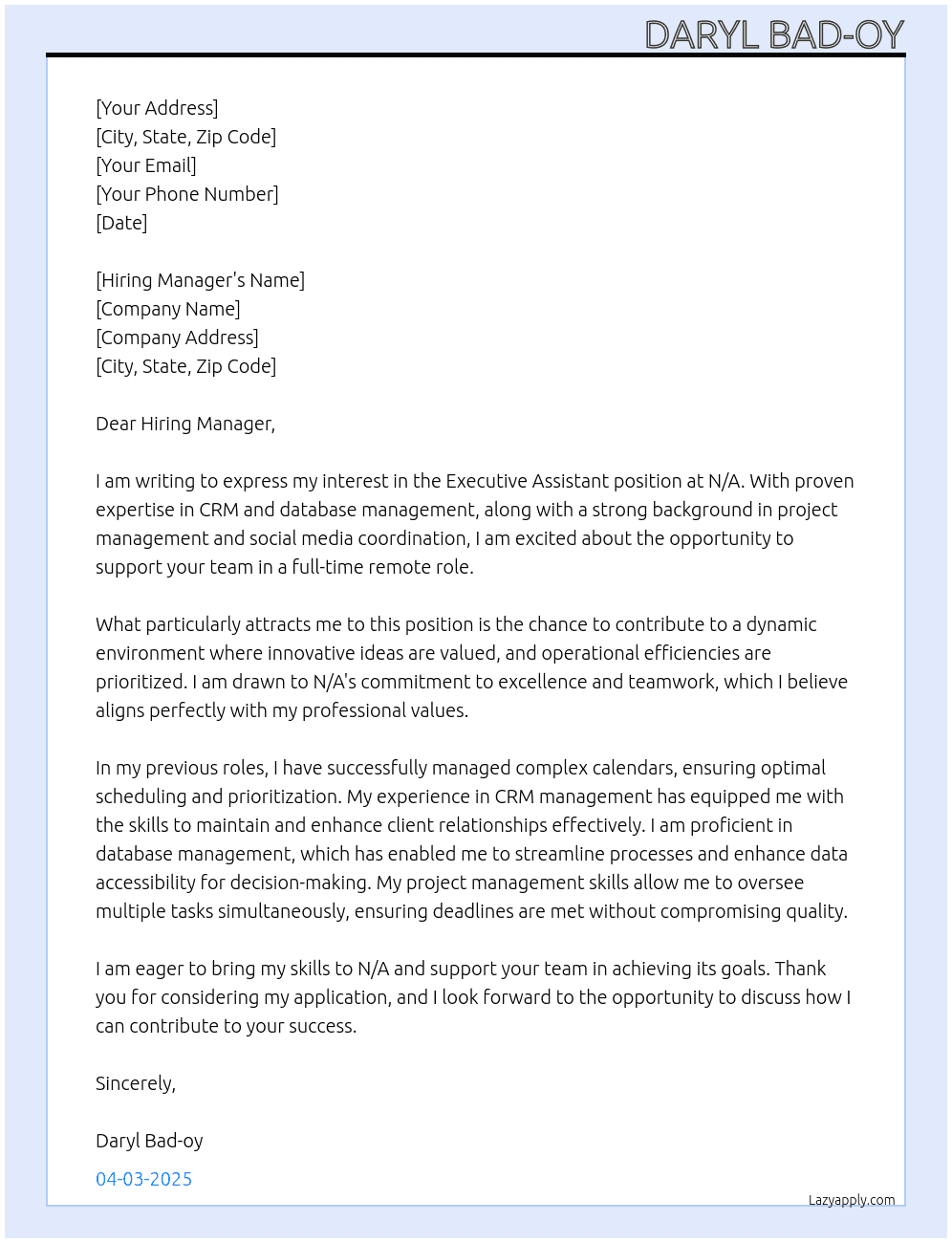 Executive Assistant At N/A Cover Letter