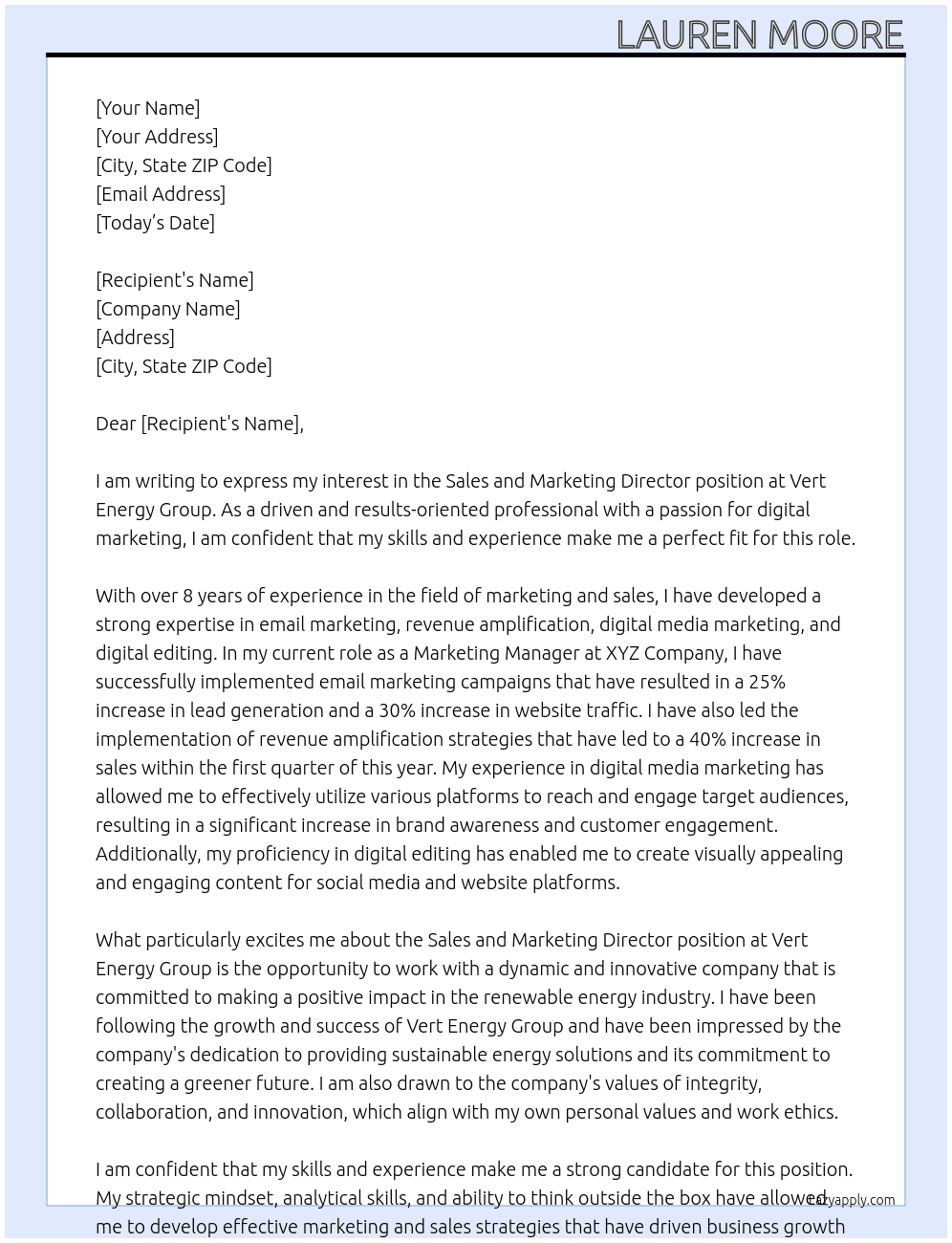 Sales and Marketing Director At Vert Energy Group[ Cover Letter