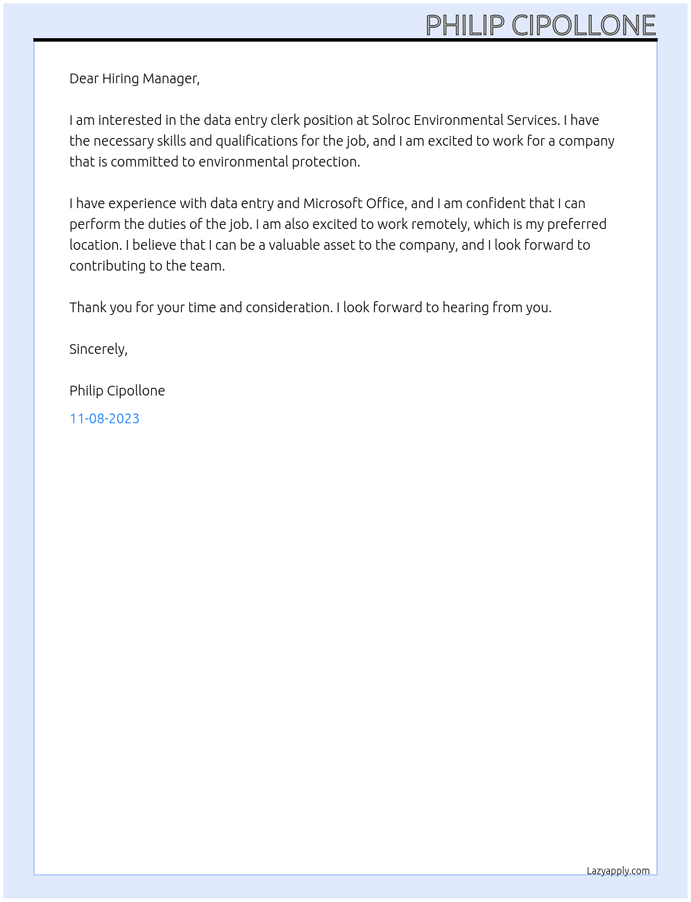data entry clerk At Solroc Environmental Services Cover Letter