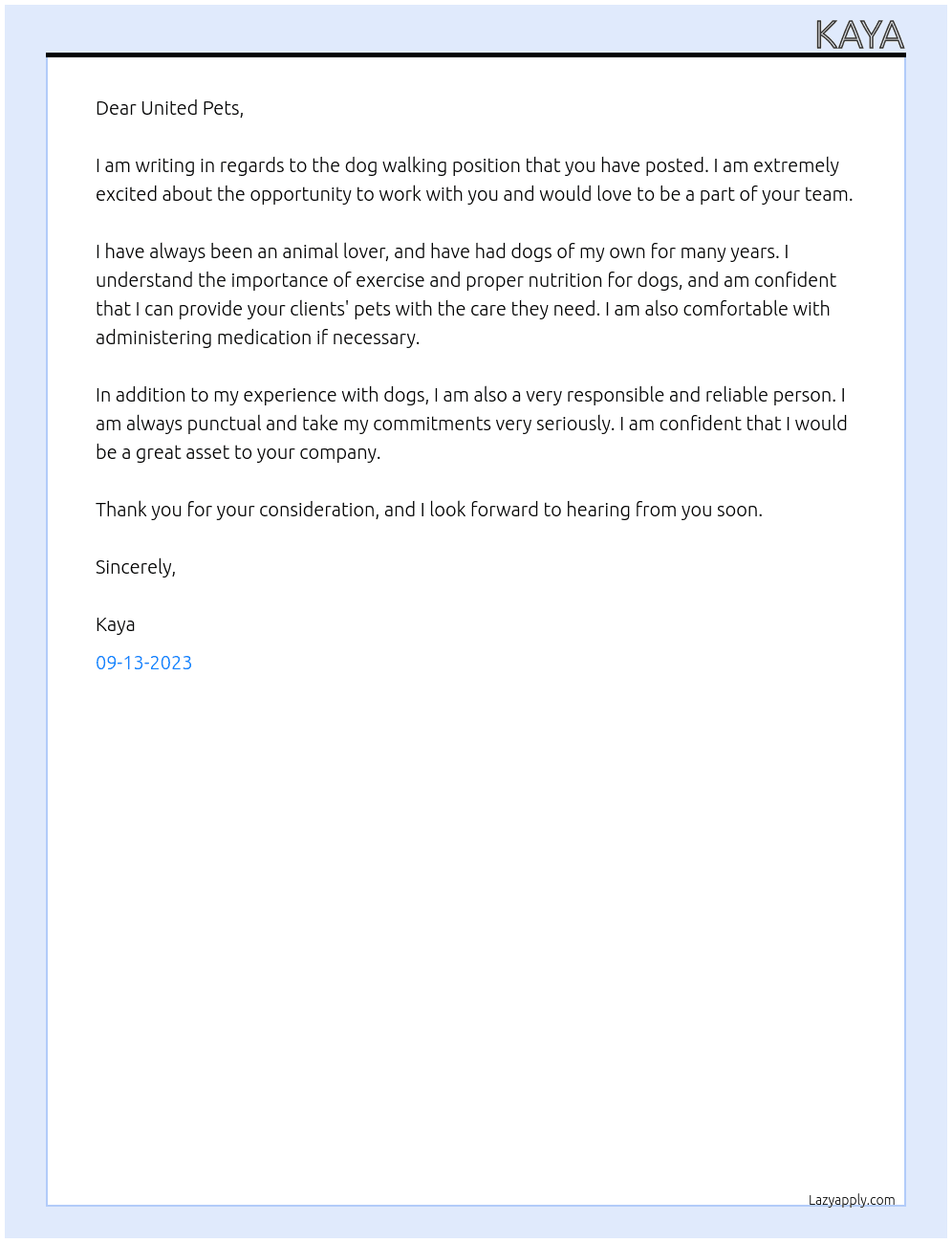 Dog walked At United pets Cover Letter