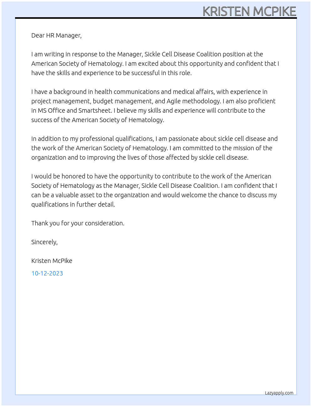 Manager, Sickle Cell Disease Coalition At American Society Of Hematology Cover Letter