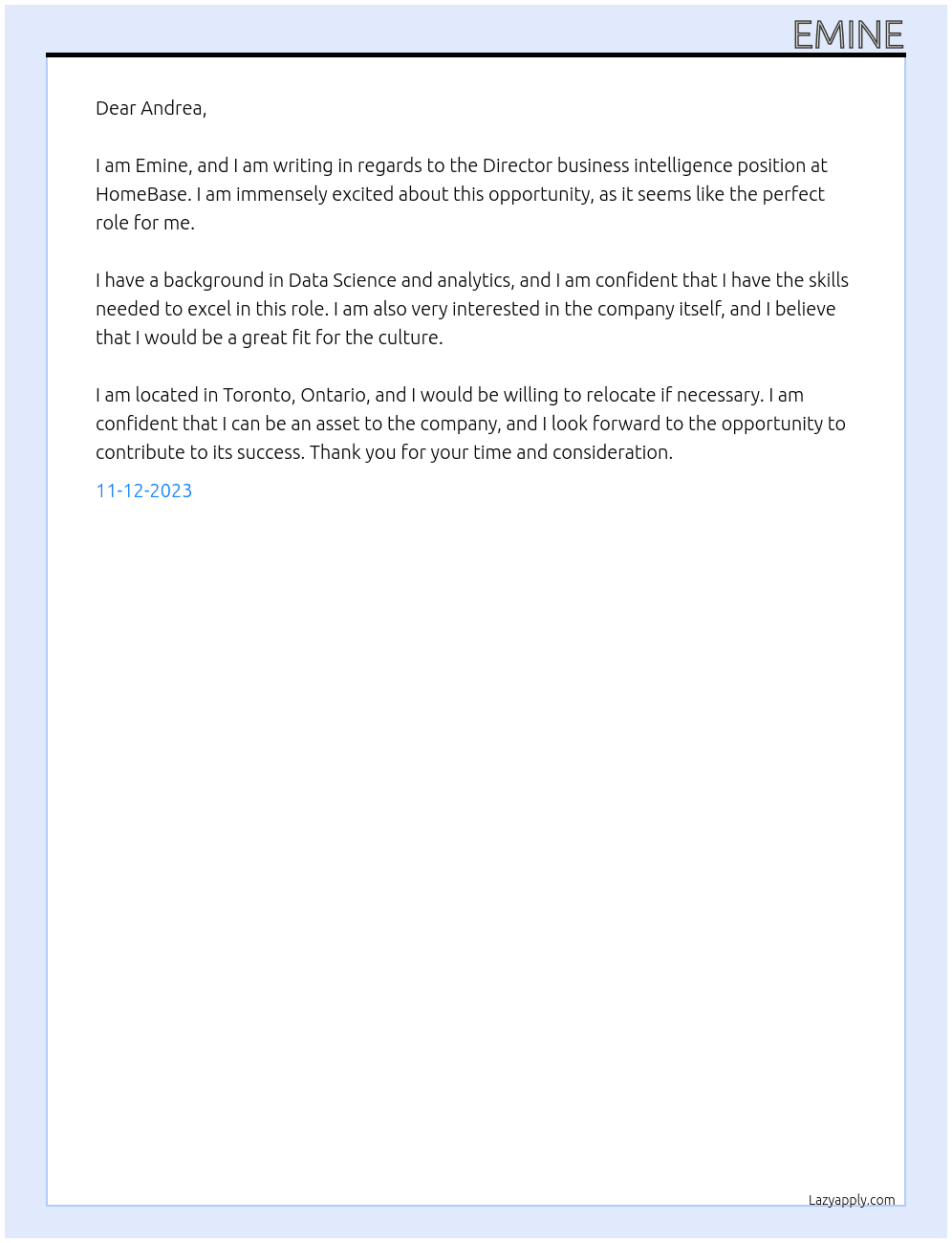 Director business intelligence  At HomeBase Cover Letter