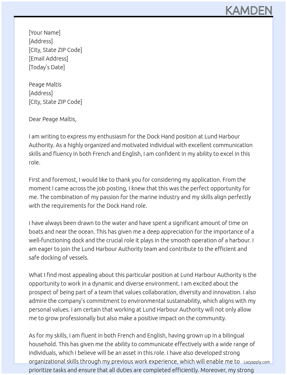 Dock hand At Lund Harbour Authority Cover Letter