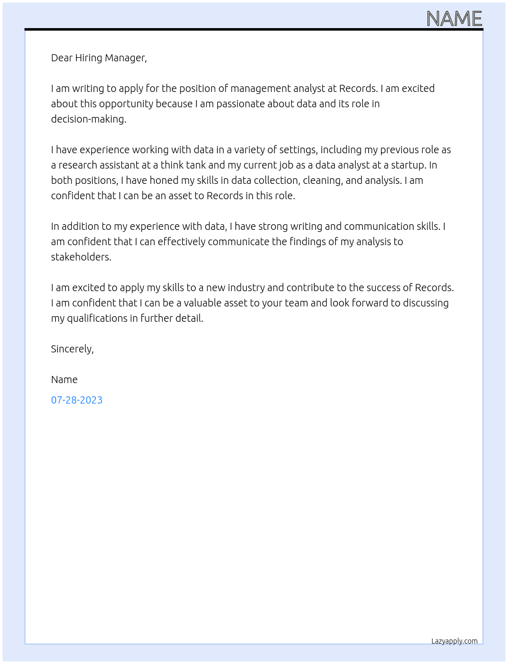 Management analyst At Records Cover Letter