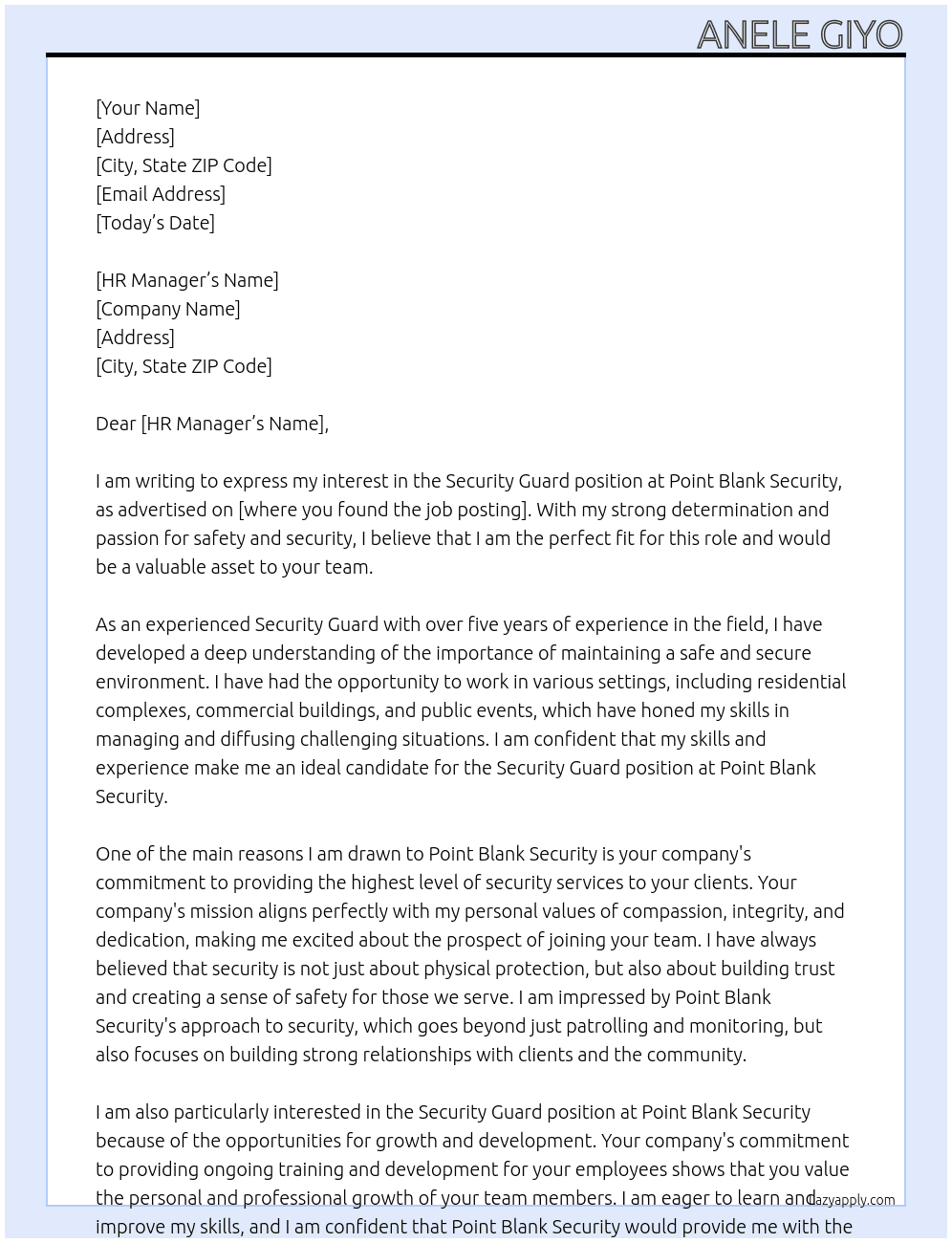 Security Guard  At Point Blank Security Cover Letter
