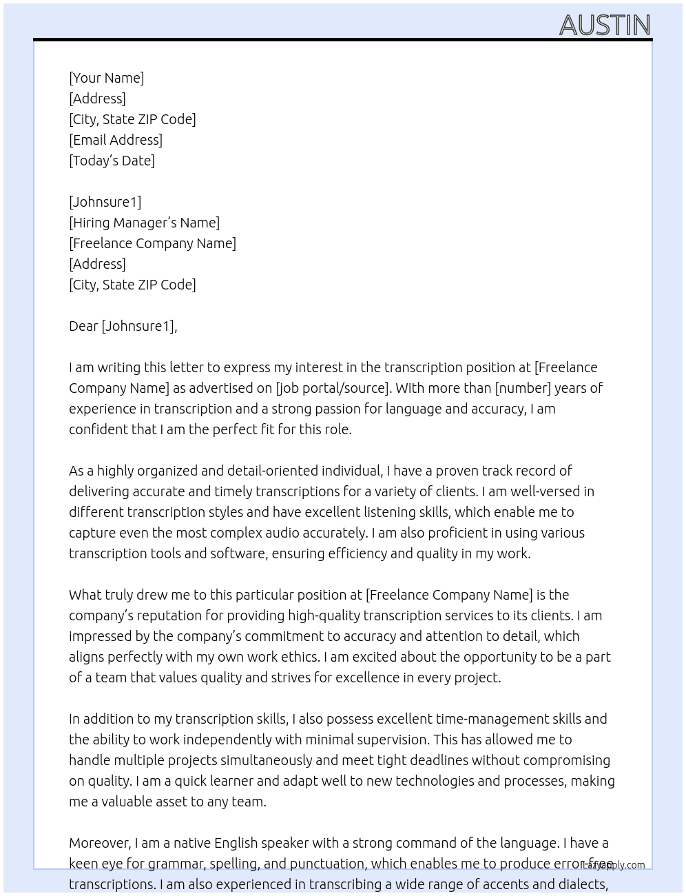 transcription  At freelance Cover Letter
