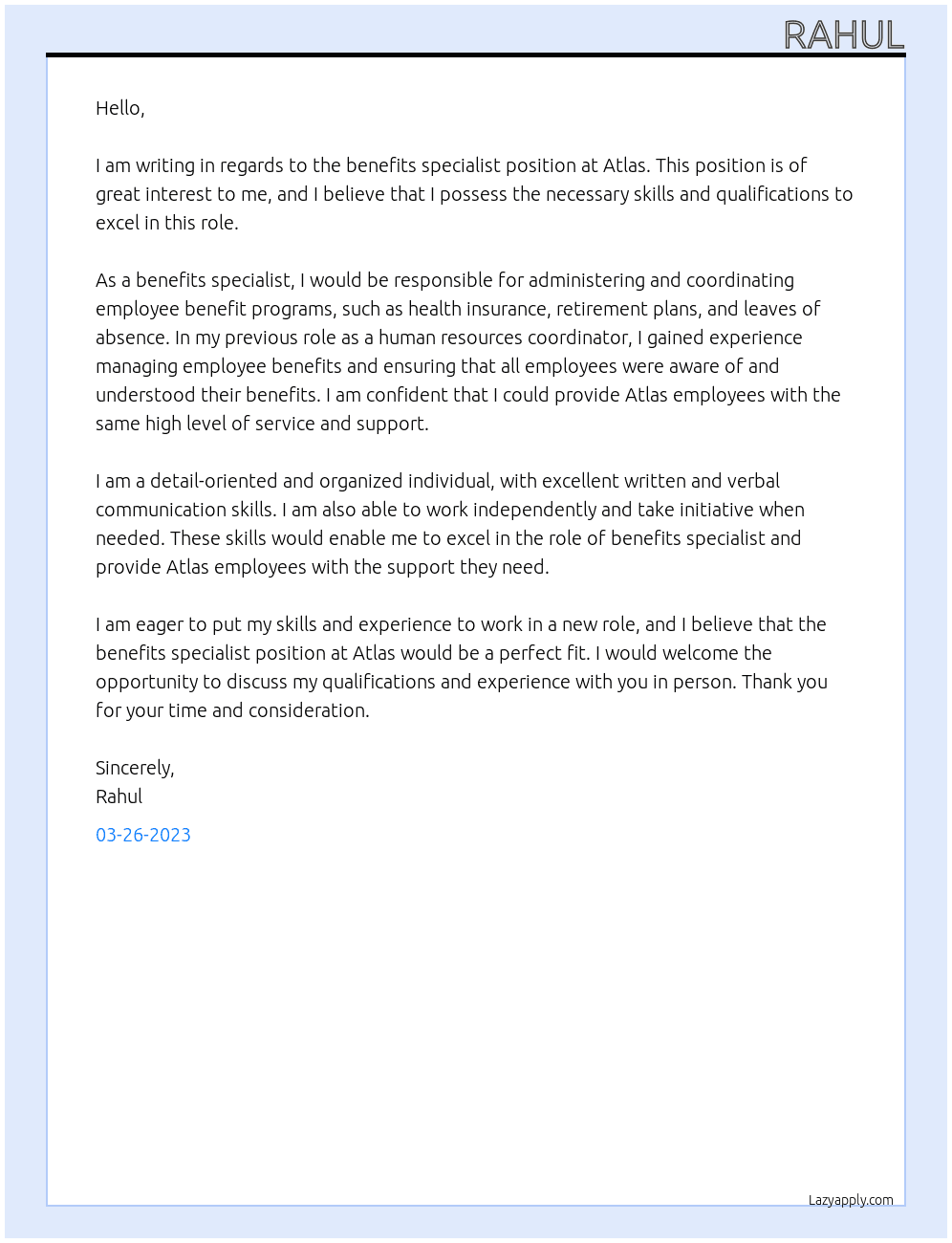 Benefits Specialist At Atlas Cover Letter