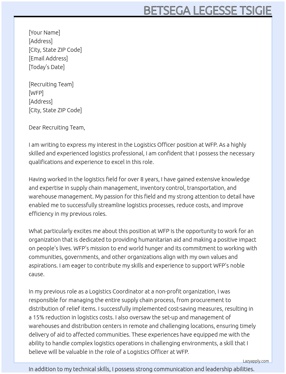 LOGISTICS OFFICER At WFP Cover Letter