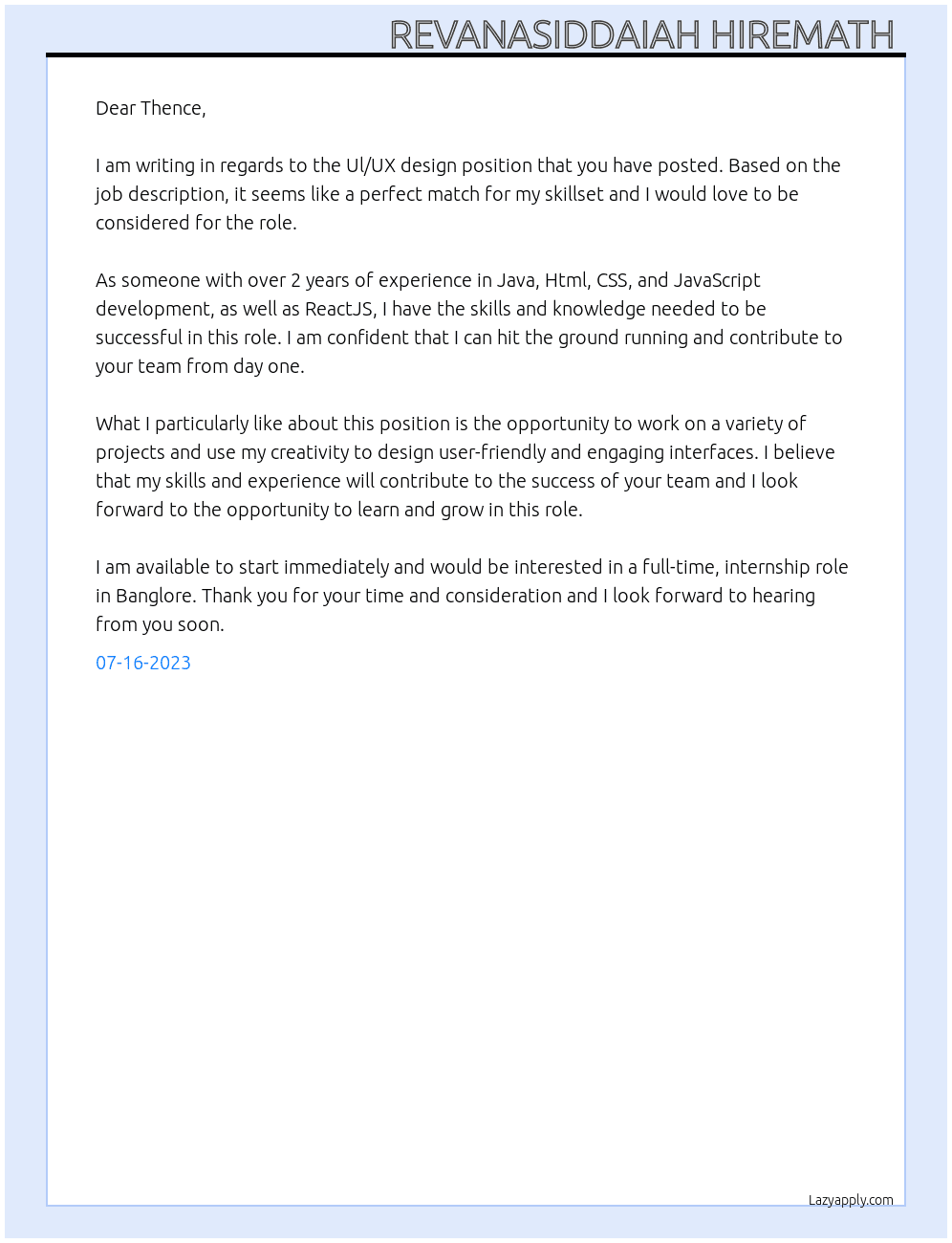 Ul/UX design  At Thence Cover Letter