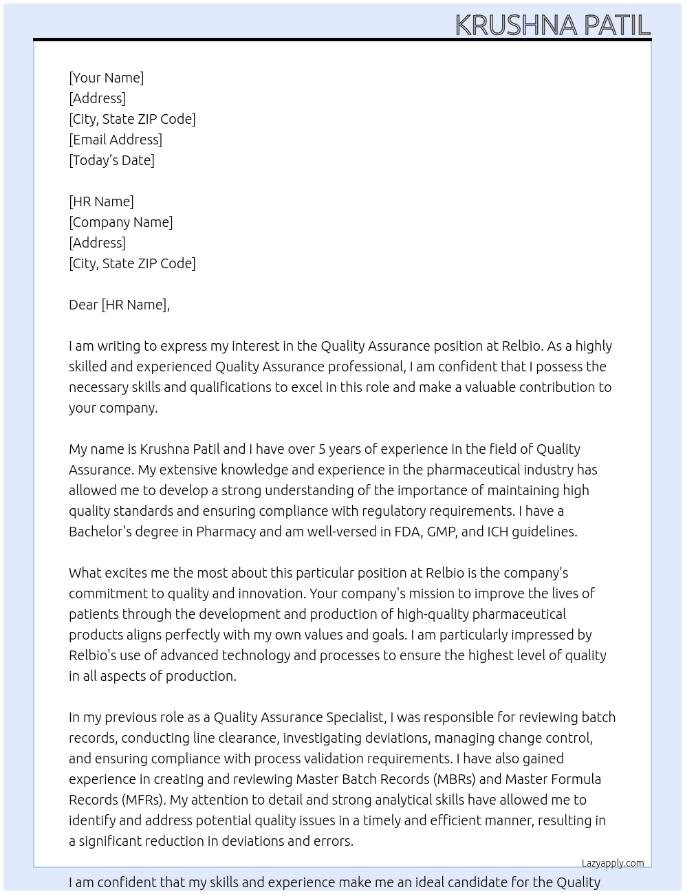 Quality assurance  At Relbio  Cover Letter