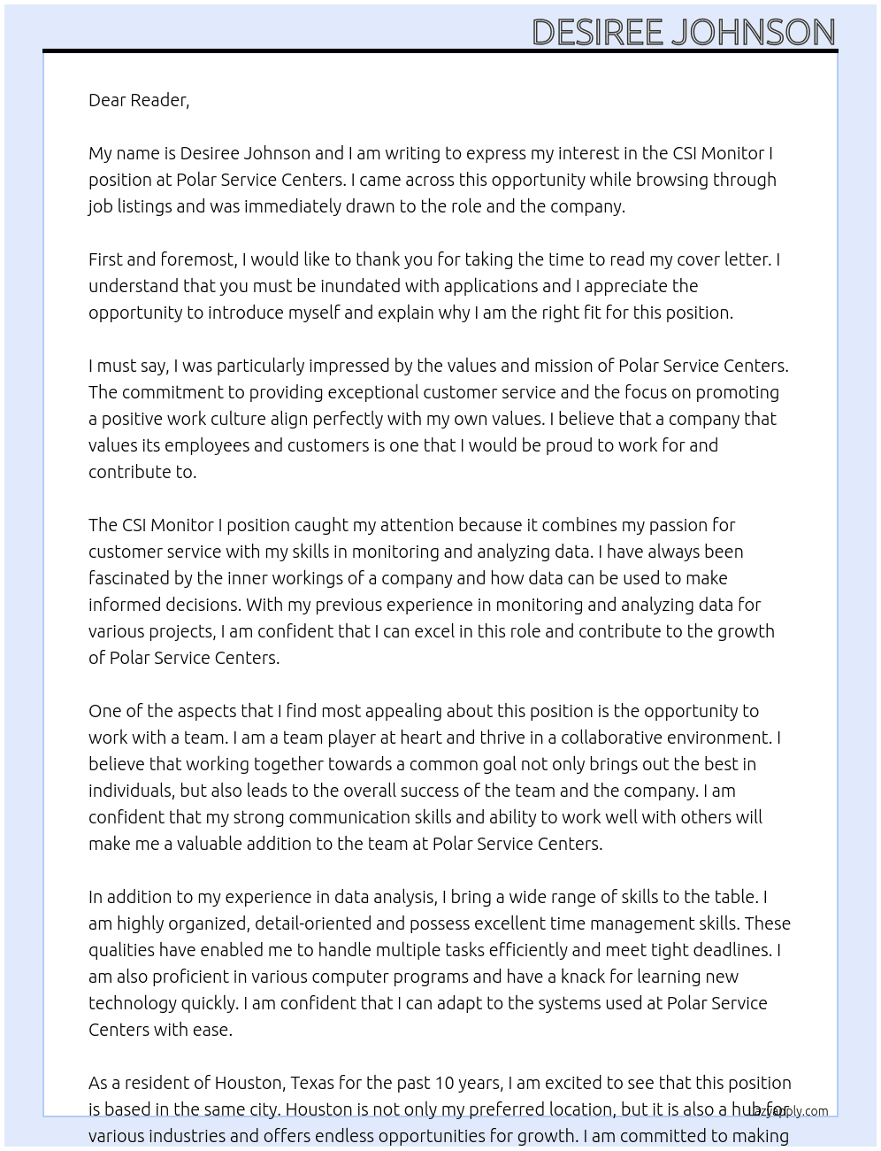 Csi Monitor I At Polar Service Centers Cover Letter