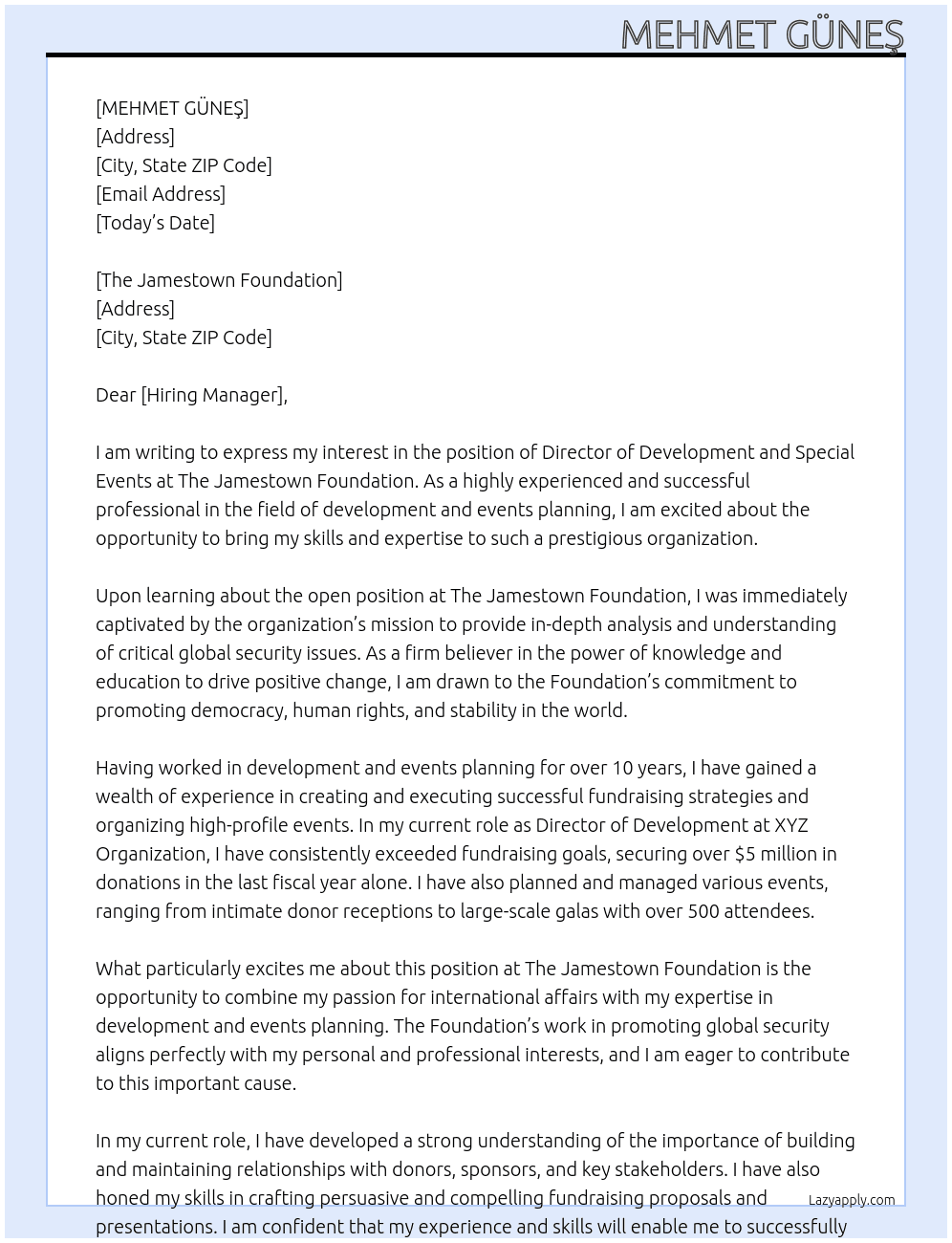 Director of Development and Special Events At The Jamestown Foundation Cover Letter