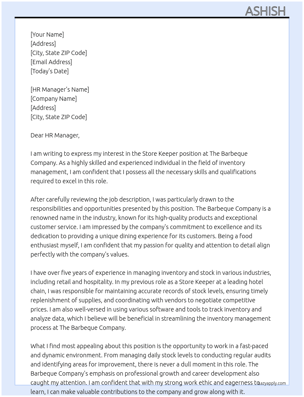 Store Keeper At The Barbeque Company  Cover Letter