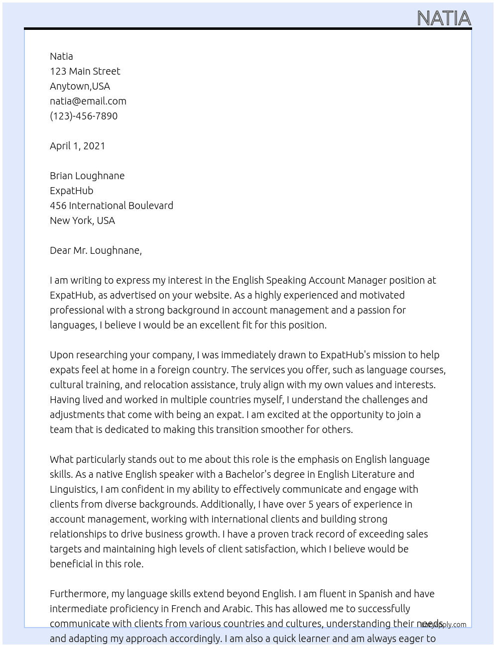 English Speaking Account Manager  At ExpatHub  Cover Letter
