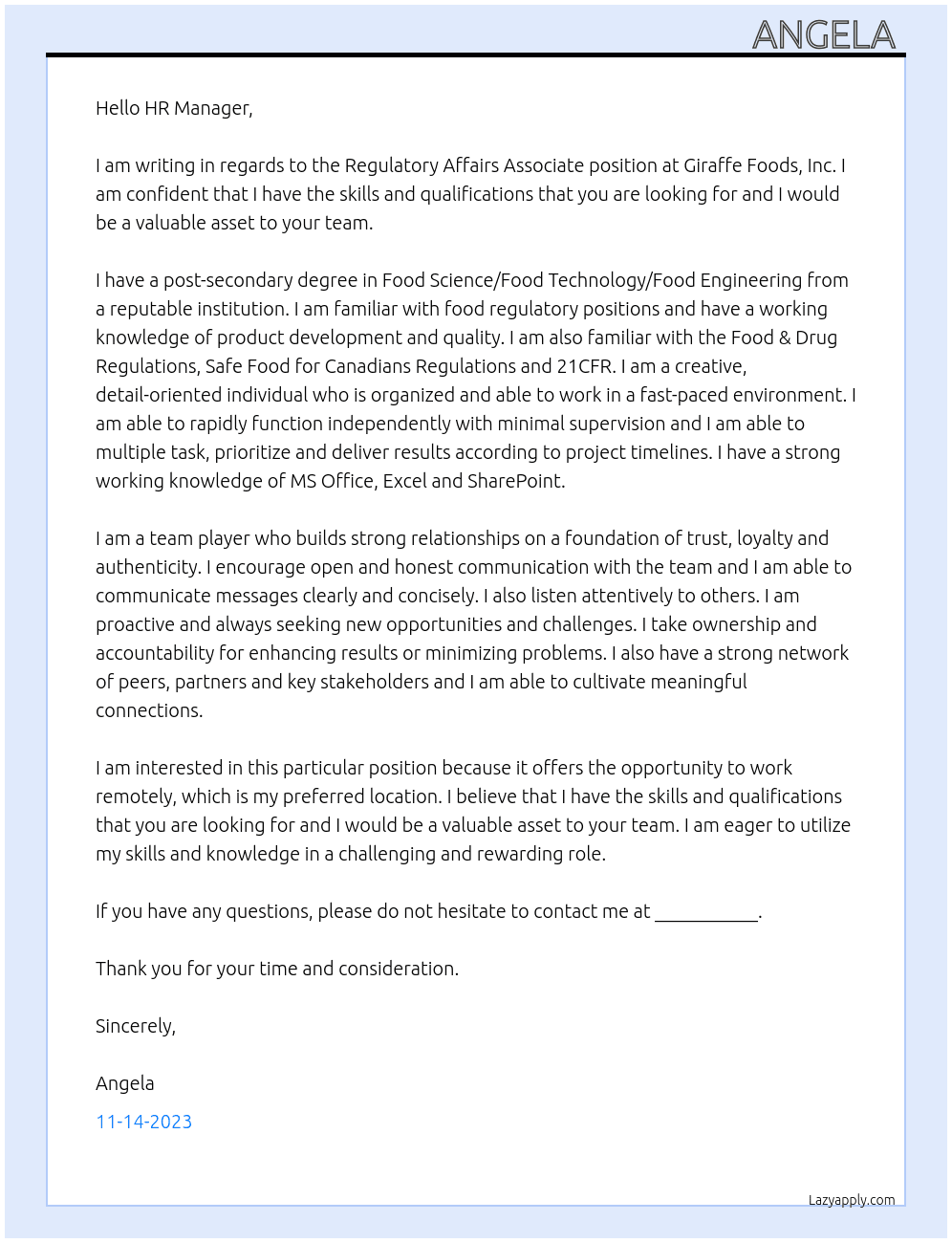 Regulatory Affairs Associate At Giraffe foods, Inc. Cover Letter