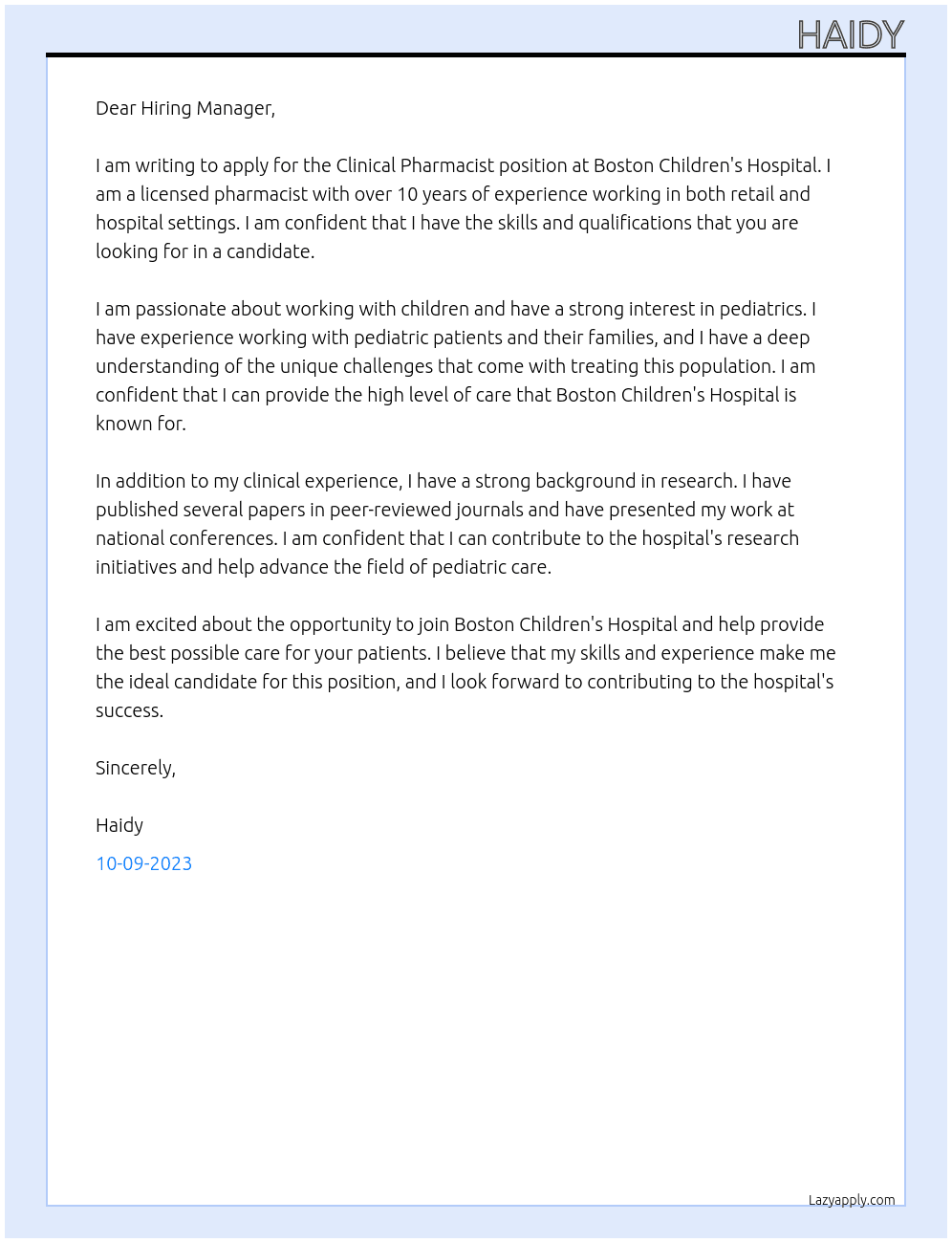 Clinical Pharmacist At Boston Children's Hospital Cover Letter