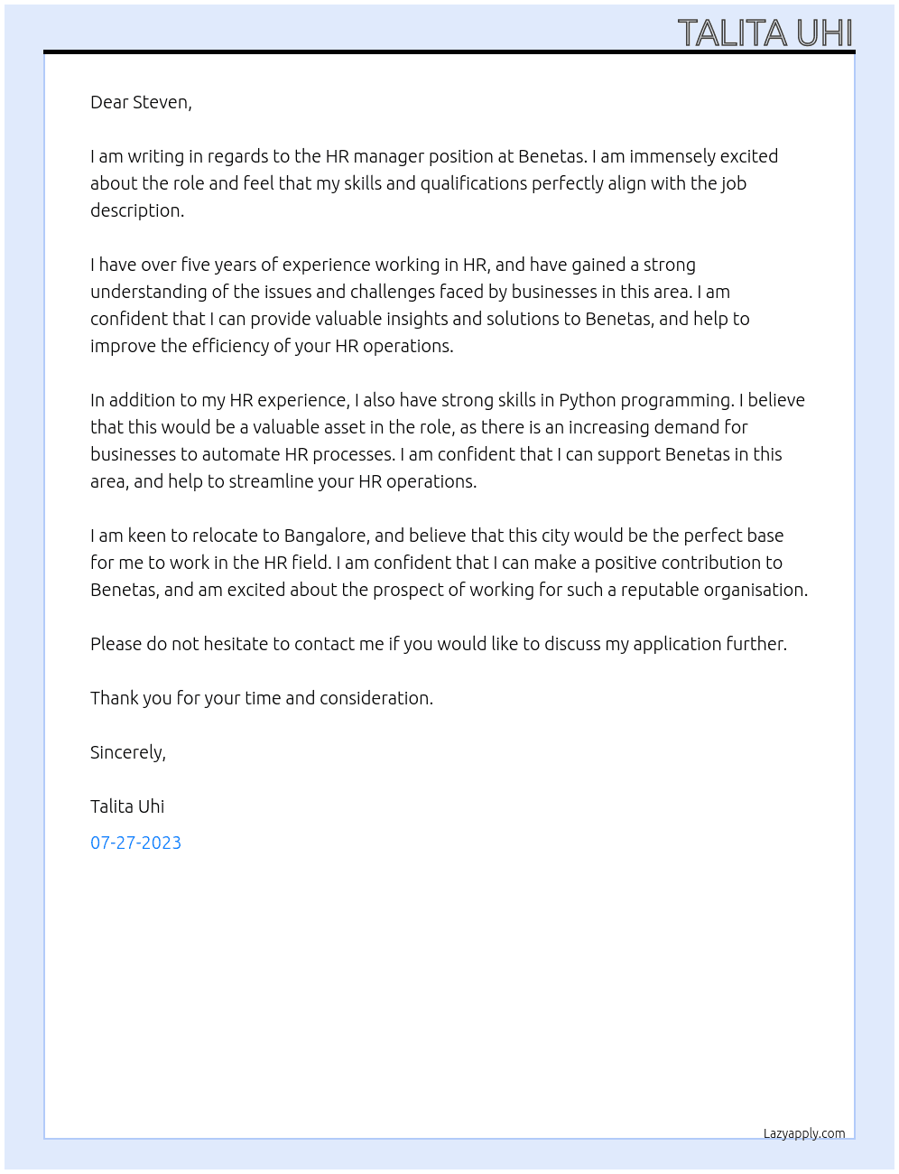 HR manager At Benetas Cover Letter