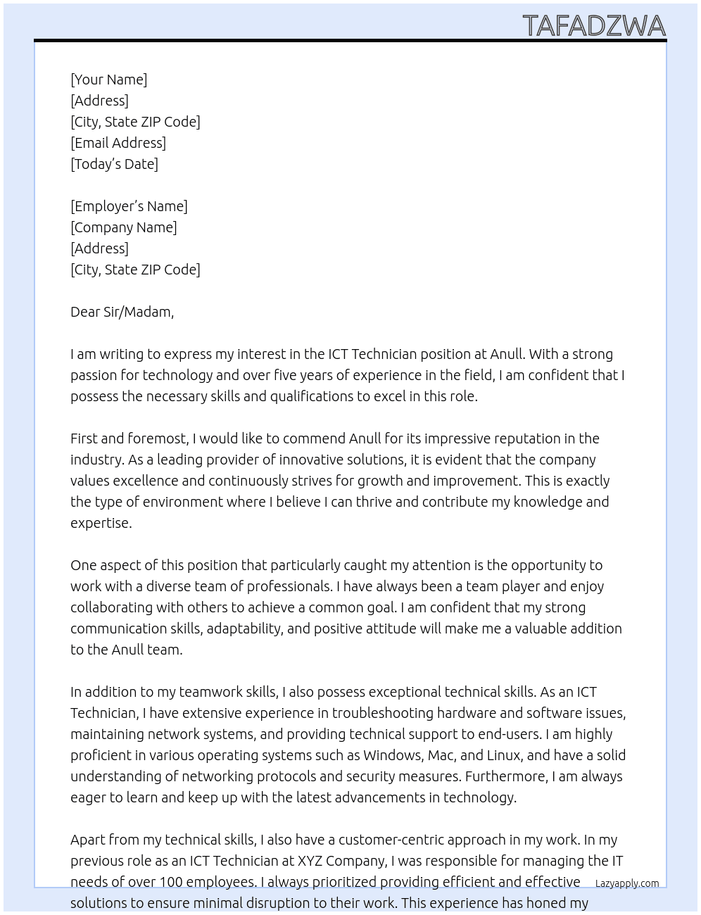 ICT TECHNICIAN  At Anull Cover Letter