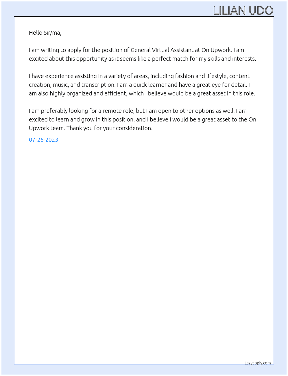 General Virtual assistant At On upwork Cover Letter
