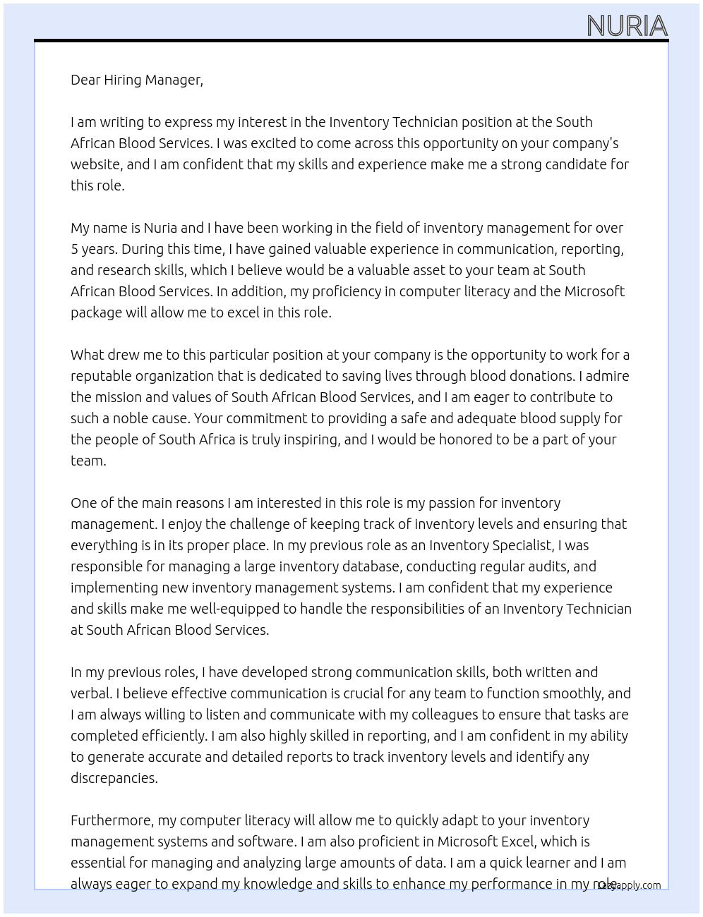 Inventory Technician At South African Blood Services Cover Letter