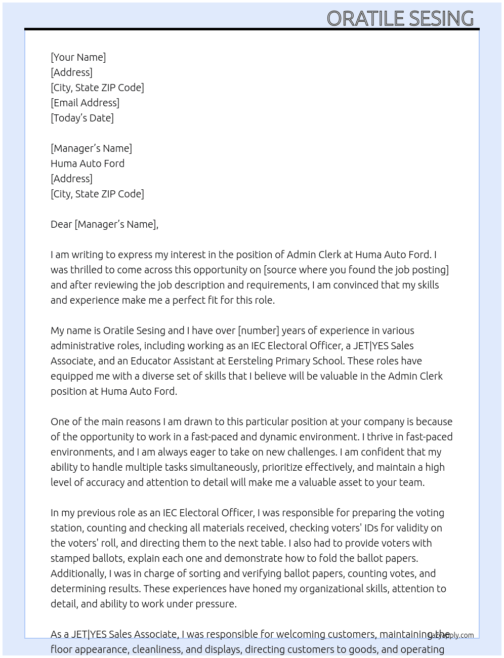 Admin clerk  At Huma Auto Ford  Cover Letter