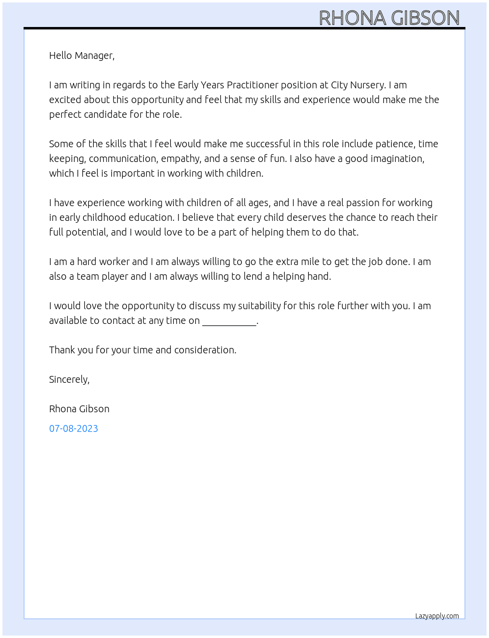 Early years practitioner  At City Nursery  Cover Letter